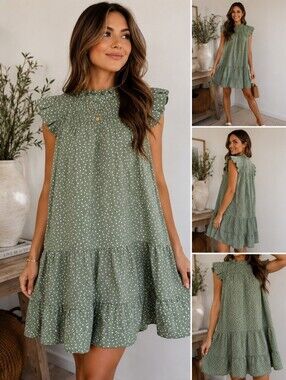 Monteau Los Angeles Sage Green Swiss Dot Babydoll Mini Dress XS Ruffle Sleeve